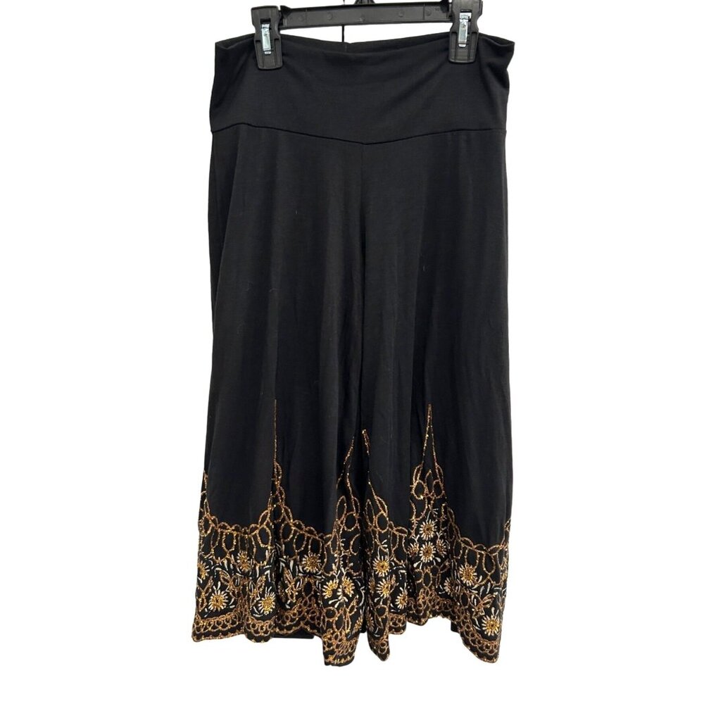 Assa USA Womens Boho Black Wide Leg Pants Decorated Embroidered Hem Sz S
